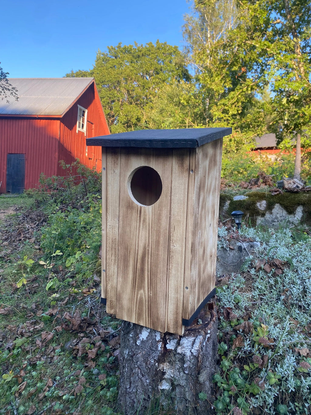 Bränd uggleholk i trä med natur i bakgrunden. bilden är tagen ur högervy