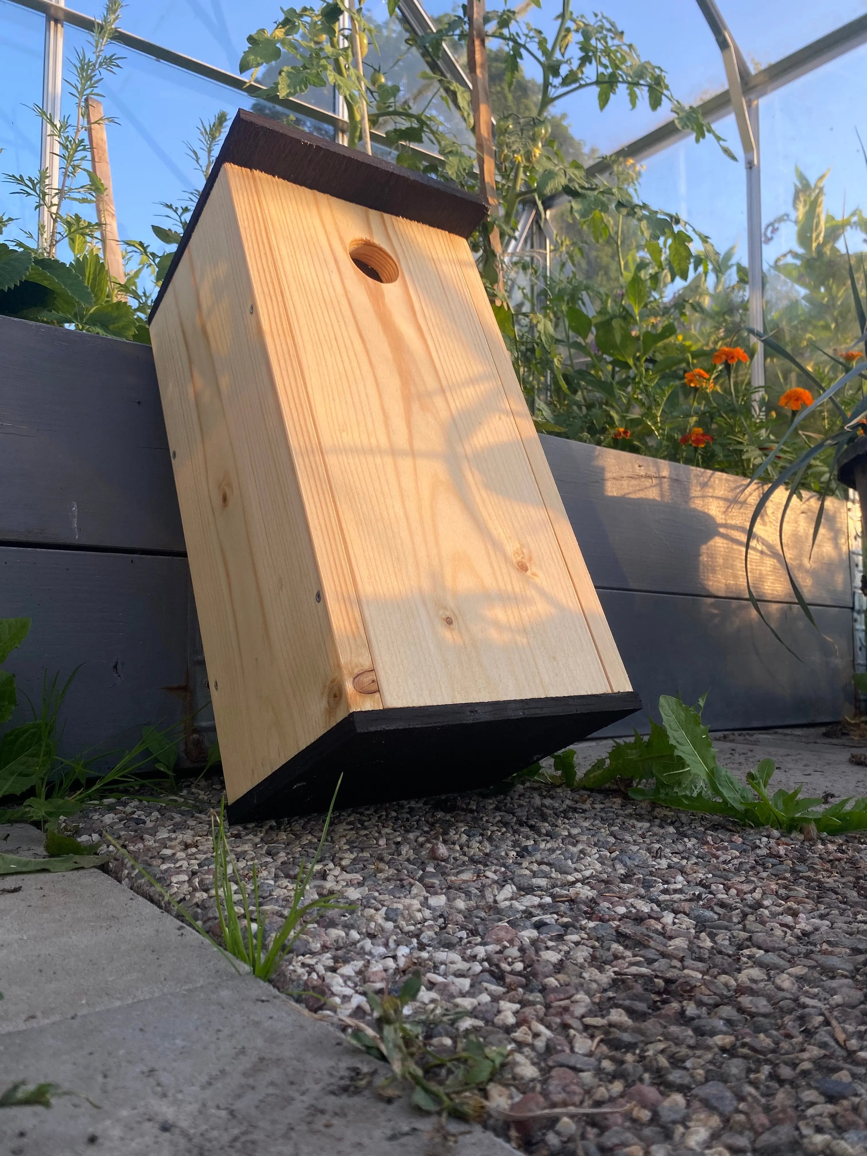 Oljad mulmholk i trä med naturlig finish monterad på trädstam som boplats för insekter och smådjur